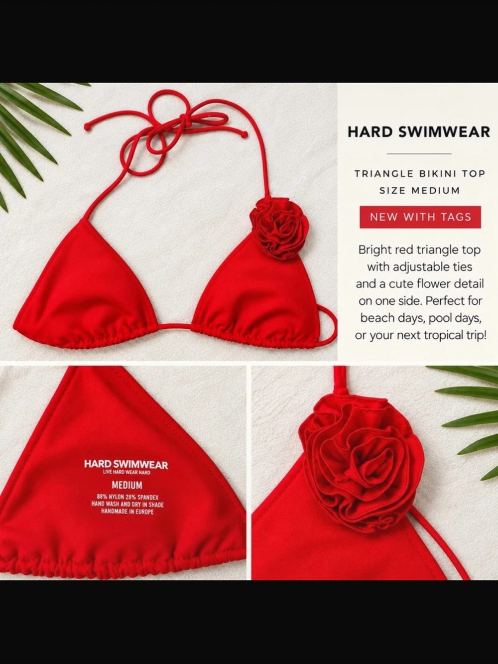 Hard Swimwear Red Triangle Bikini Top with Floral Accent